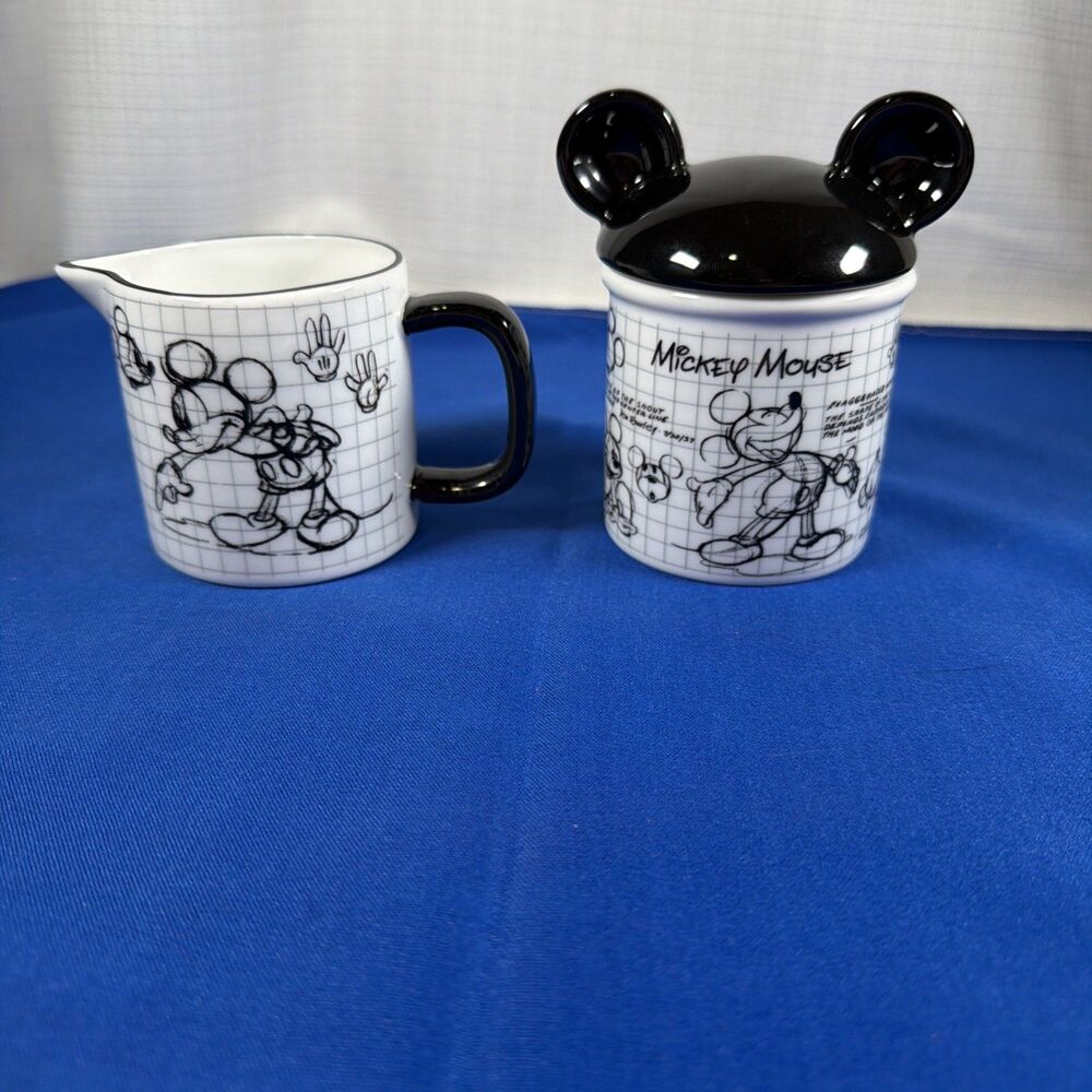 Disney Sketchbook Mickey Mouse Ceramic Sugar Bowl and Creamer Set Ear Lid